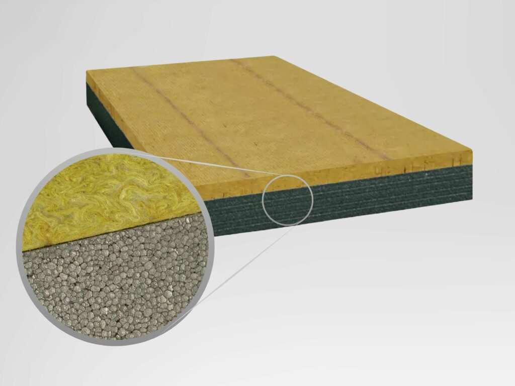 Coupe d’un panneau d’isolation extérieure composé de laine de roche et de polystyrène graphité.