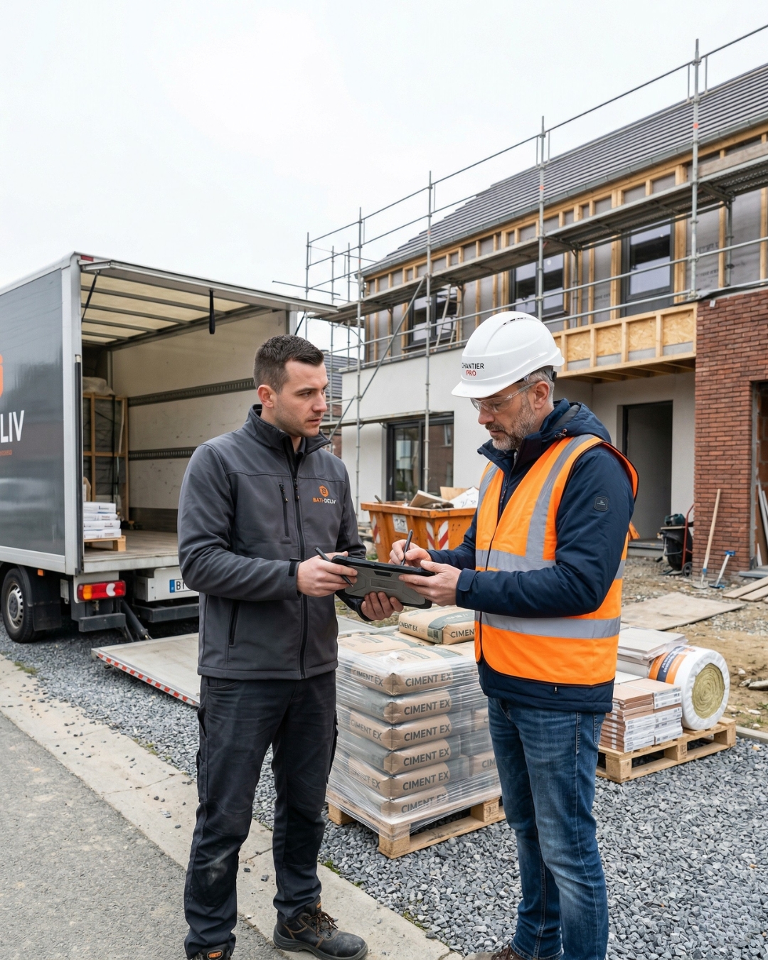 Chef de chantier en gilet orange signant le bon de livraison avec le livreur devant un camion de livraison, palette de sacs de ciment en arrière-plan