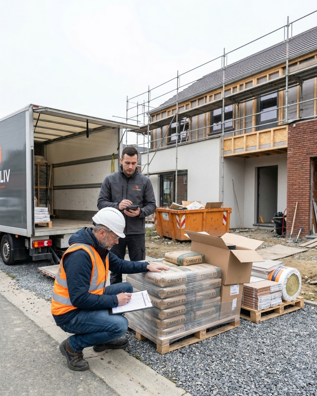 Chef de chantier accroupi inspectant chaque sac de ciment sur la palette en présence du livreur, clipboard en main
