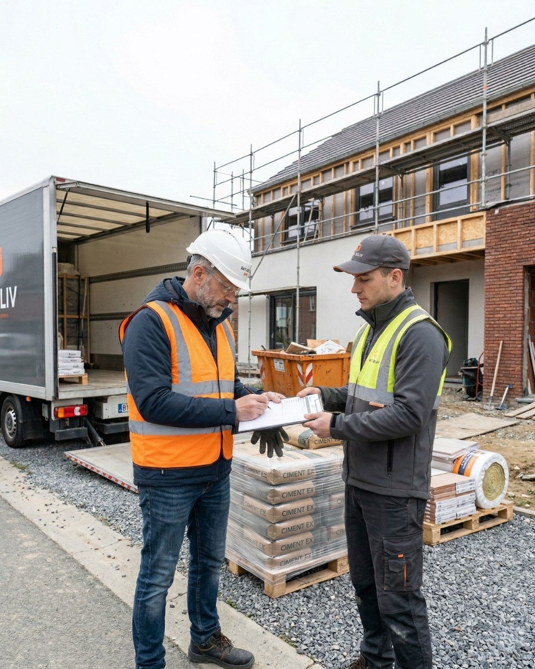 Chef de chantier signant le bon de livraison tenu par le livreur, après avoir inscrit des réserves détaillées sur les anomalies constatées