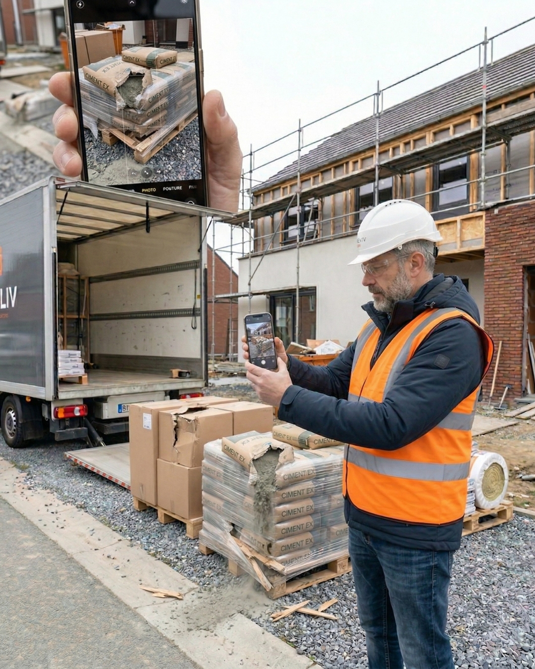 Chef de chantier photographiant avec son smartphone des sacs de ciment endommagés sur palette, le camion de livraison visible en arrière-plan