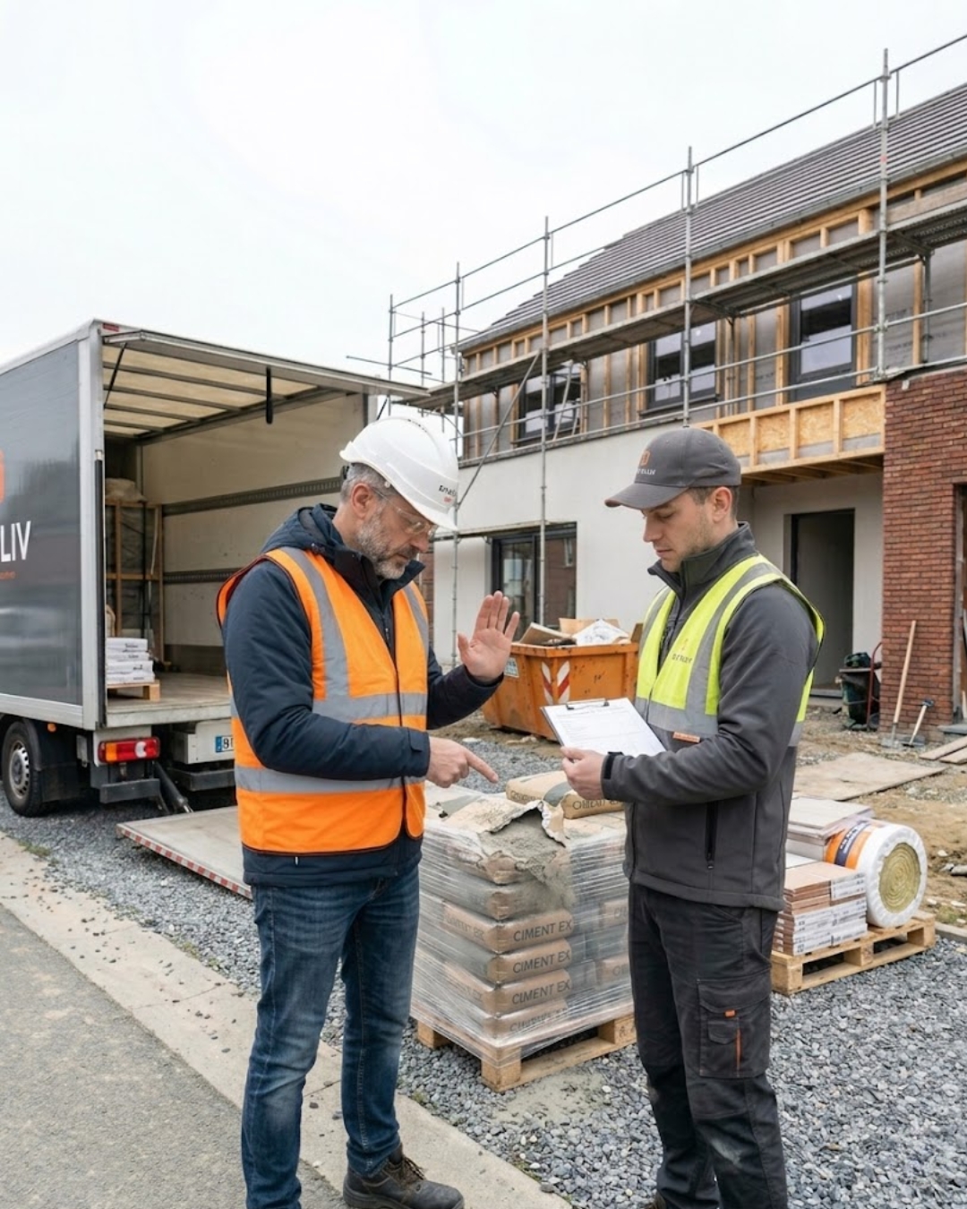 Chef de chantier en gilet orange pointant les marchandises endommagées et contestant la livraison auprès du livreur tenant le bon de livraison